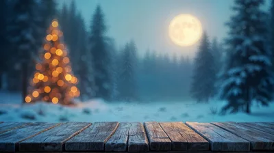 Wooden Table Surface Overlooking A Snowy Winter Forest