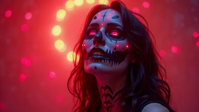 Woman With Glowing Eyes And Skull Makeup