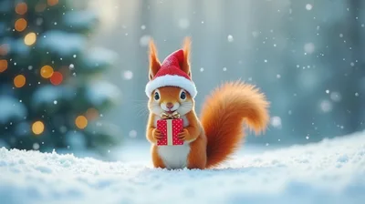 Cute Squirrel Wearing Santa Hat Holding Christmas Gift
