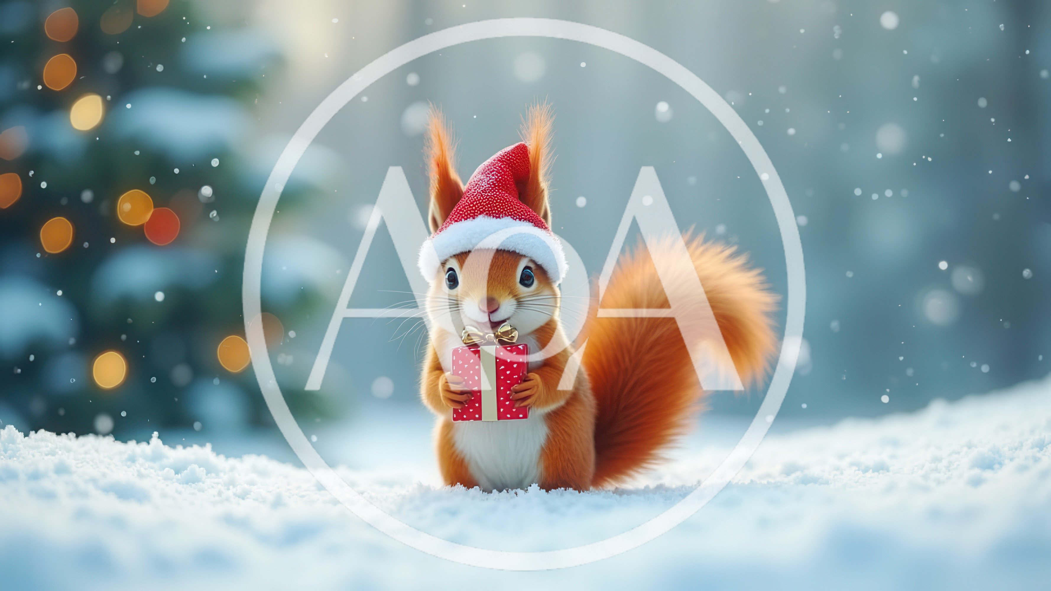 Cute Squirrel Wearing Santa Hat Holding Christmas Gift