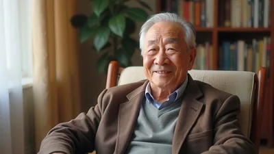 Portrait Of A Smiling Elderly Asian Man In Library