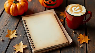 Autumn Notebook With Pumpkin And Coffee On Wooden Table