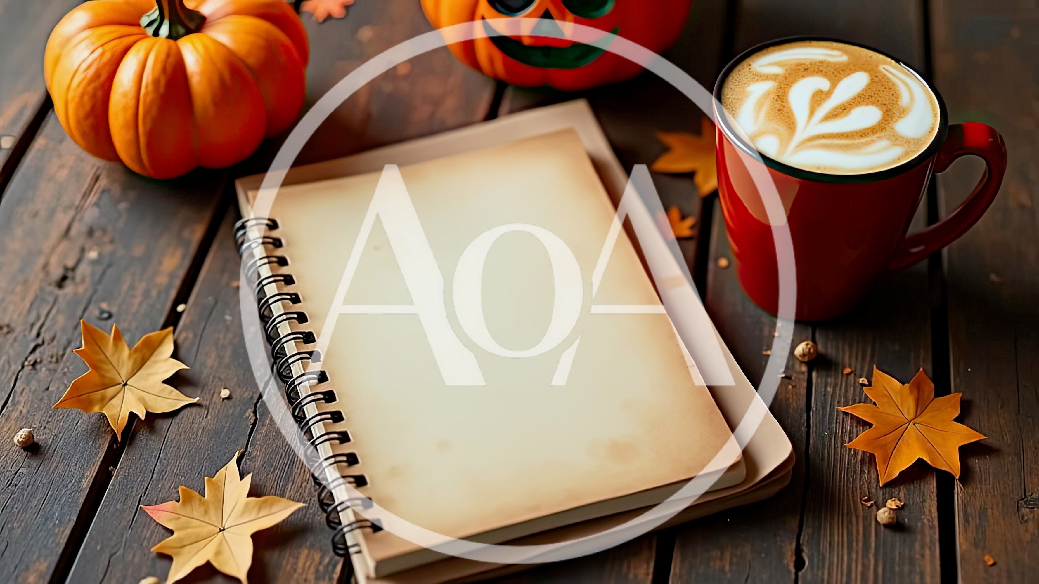 Autumn Notebook With Pumpkin And Coffee On Wooden Table