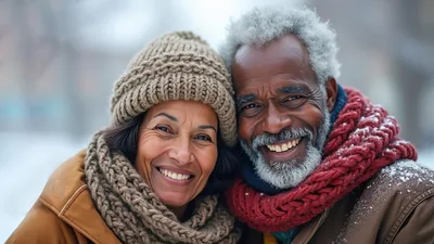 Happy Senior Couple Embracing Outdoors In Winter