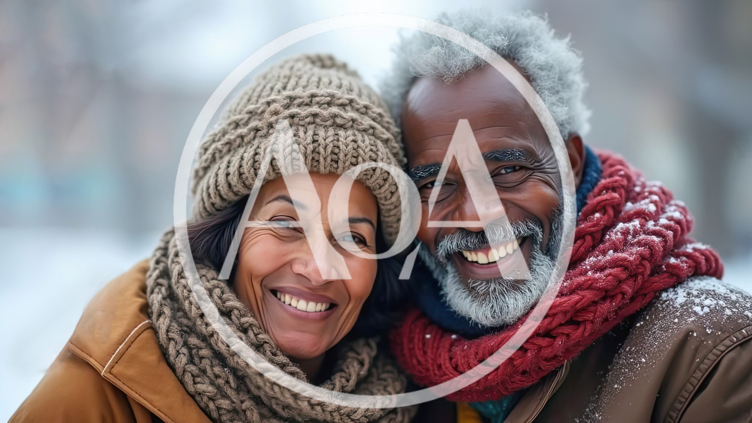 Happy Senior Couple Embracing Outdoors In Winter