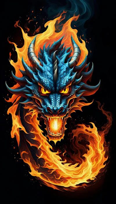 Fierce Blue Dragon Head Surrounded By Intense Flames
