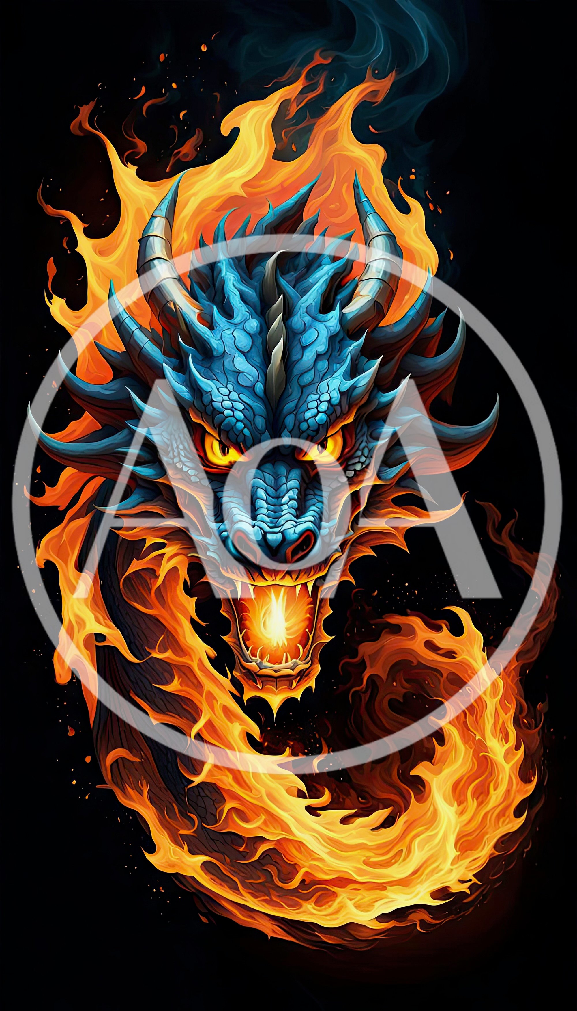 Fierce Blue Dragon Head Surrounded By Intense Flames