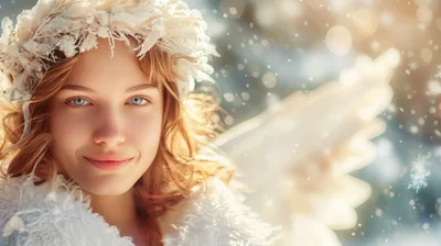 Portrait Of A Beautiful Young Angel In Winter