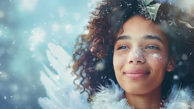 Portrait Of A Beautiful Angel In Winter Snow