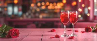 Two Glasses Of Red Cocktail With Roses On Table