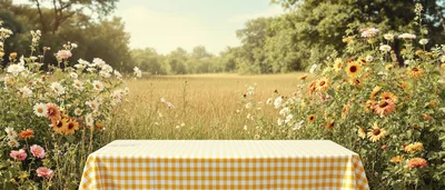 Empty Picnic Table In A Sunny Wildflower Meadow