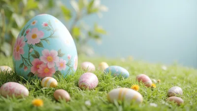 Decorative Easter Eggs Scattered On Green Grass