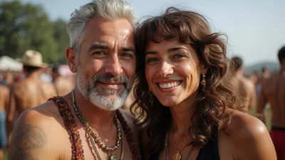 Happy Couple Smiling Together at Outdoor Music Festival