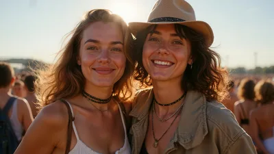 Two Young Women Smiling Together at an Outdoor Music Festival