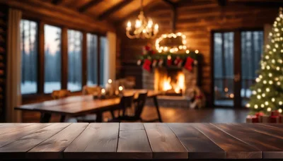 Empty Wooden Table In Cozy Christmas Cabin