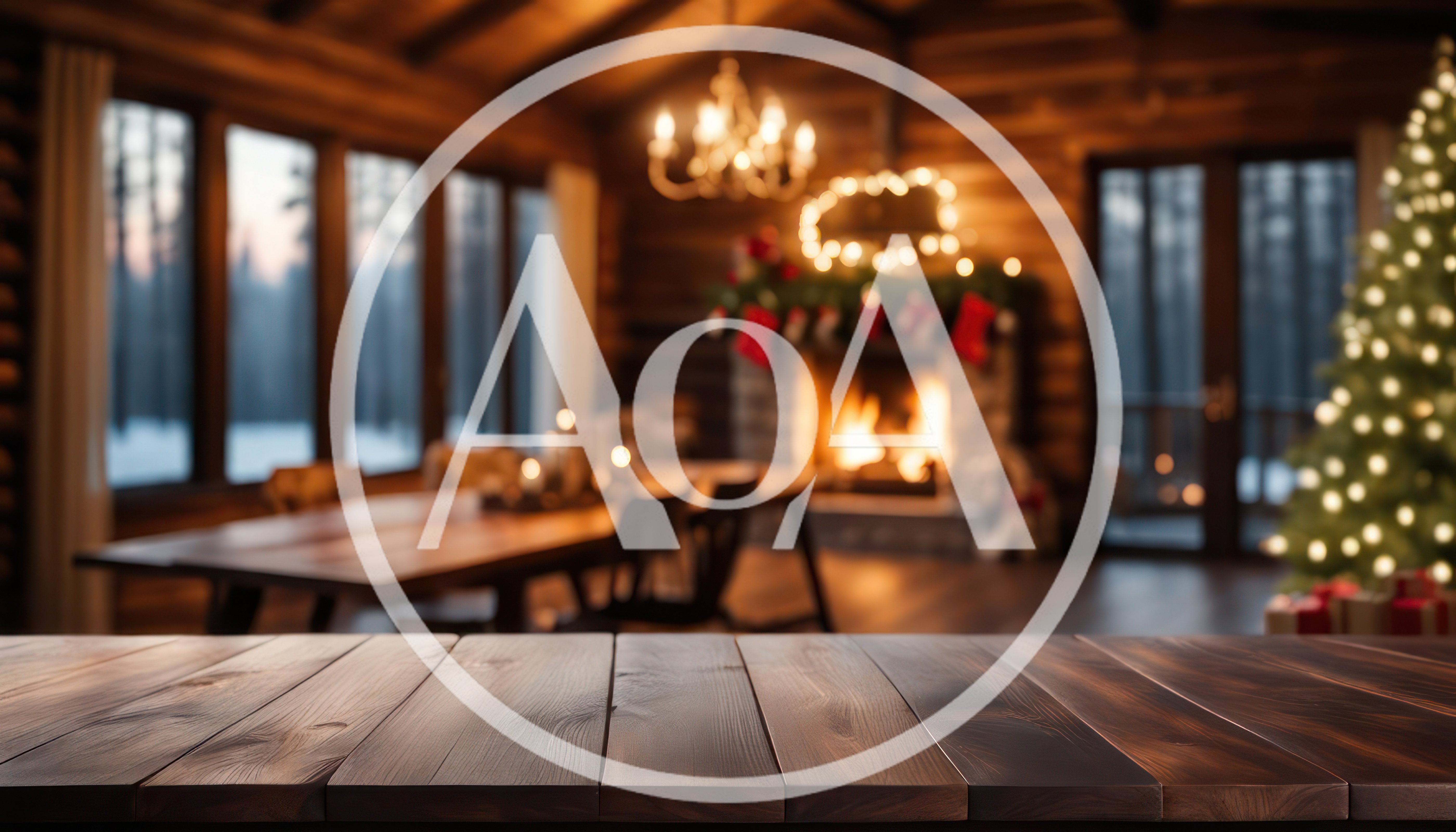 Empty Wooden Table In Cozy Christmas Cabin