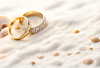 Two Gold Wedding Rings On White Sand With Seashells