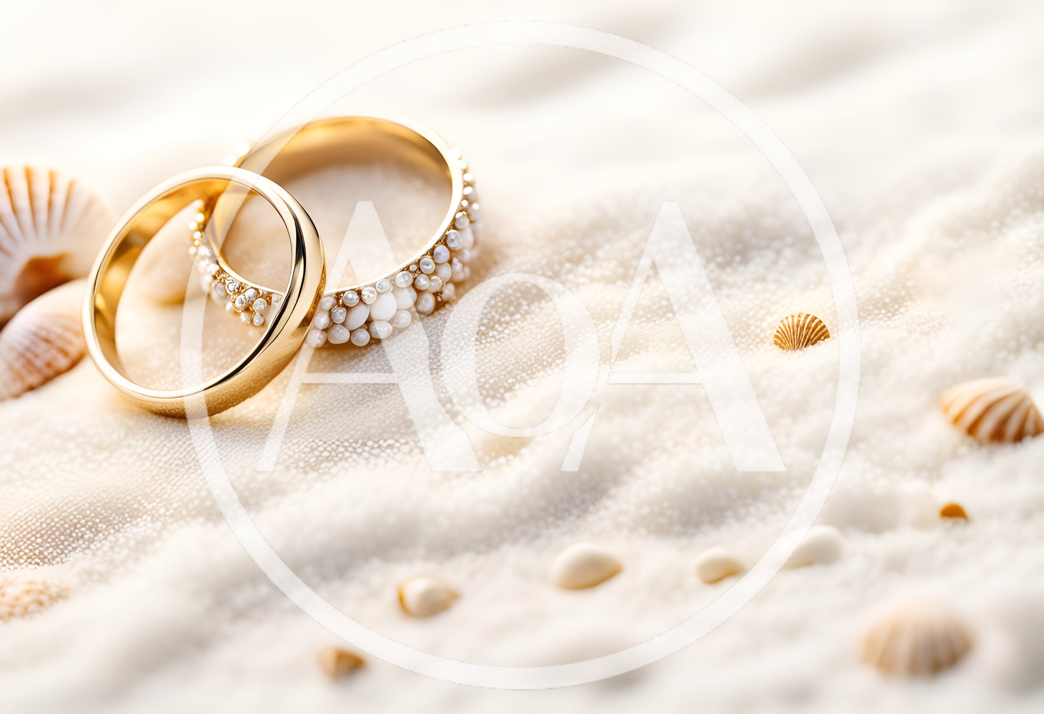 Two Gold Wedding Rings On White Sand With Seashells