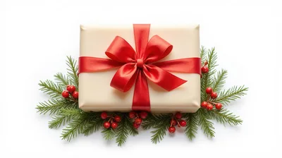 Christmas Gift Box With Red Ribbon And Pine Branches