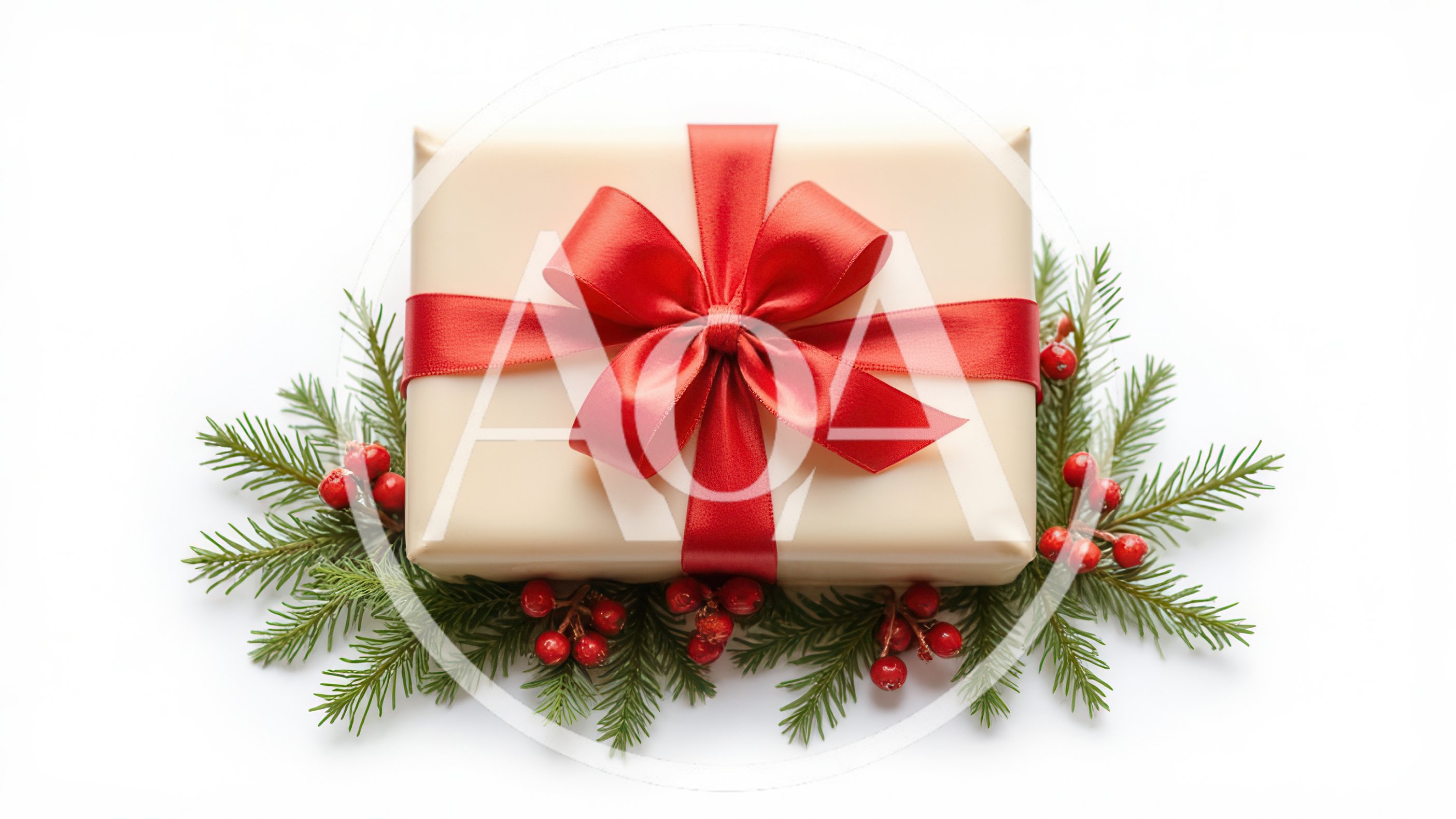 Christmas Gift Box With Red Ribbon And Pine Branches