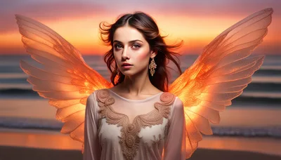 Ethereal Angel With Glowing Wings At Sunset Beach