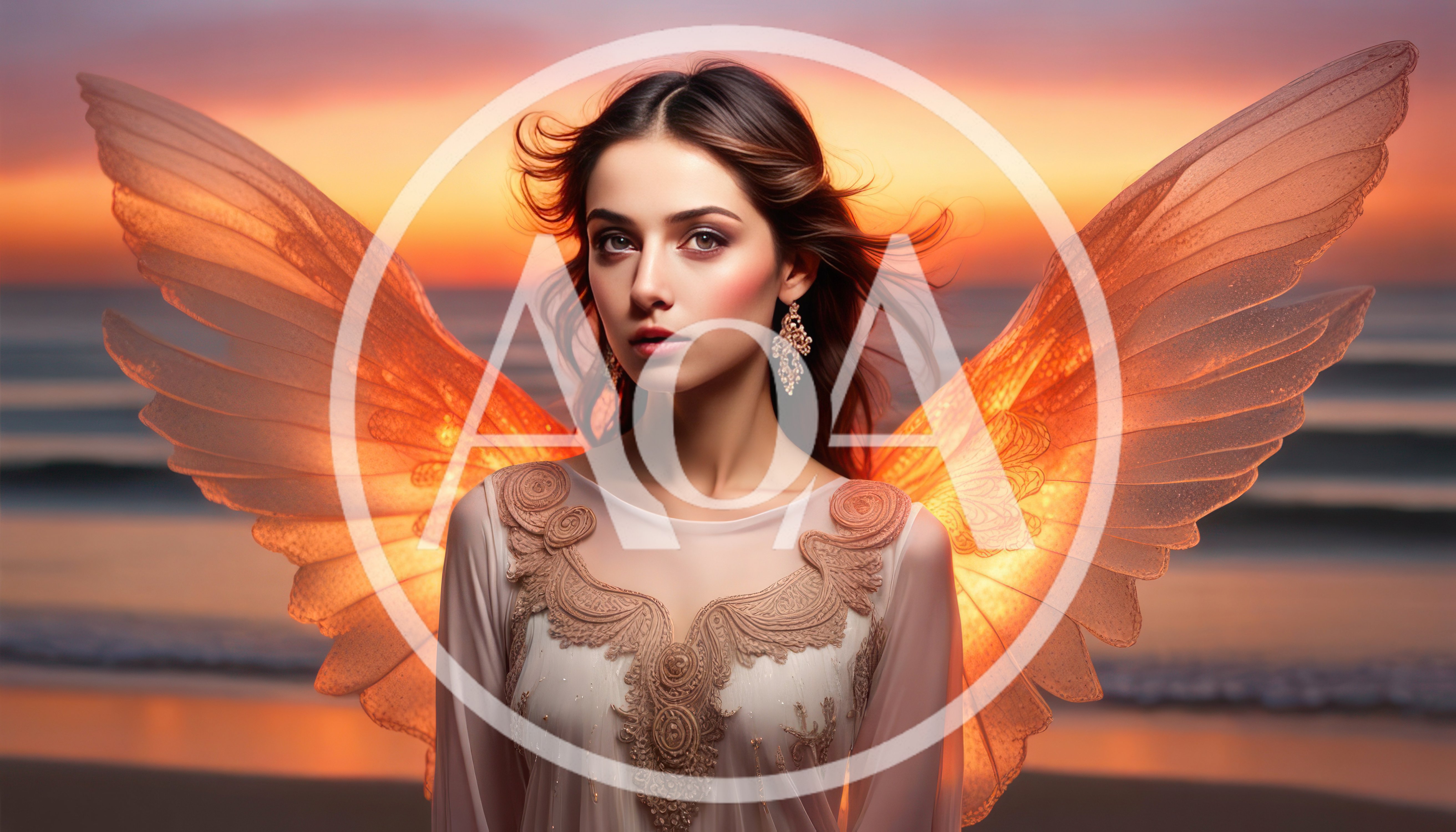Ethereal Angel With Glowing Wings At Sunset Beach