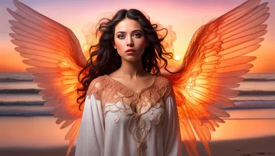 Ethereal Angel With Glowing Wings At Sunset Beach