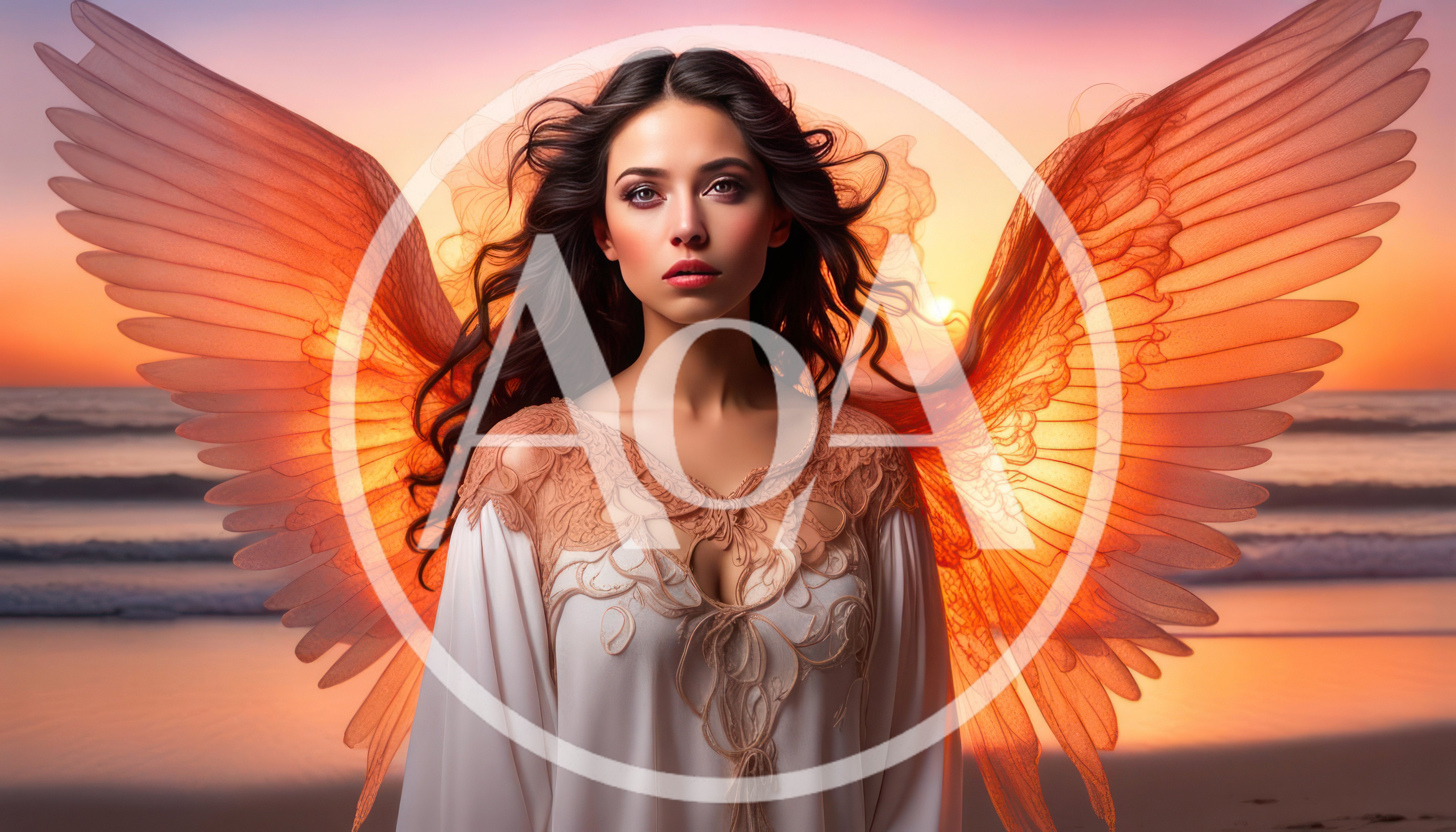 Ethereal Angel With Glowing Wings At Sunset Beach