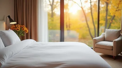 Modern Bedroom Interior With Autumn Forest View