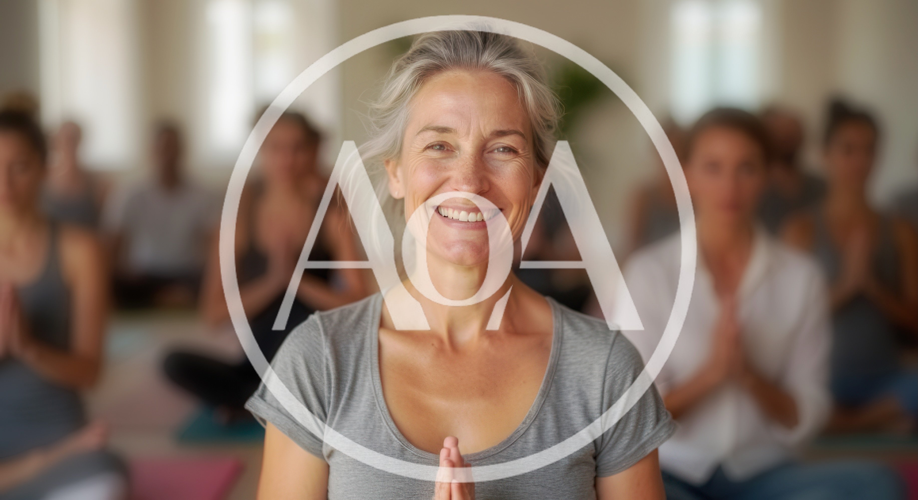 Smiling Mature Woman Practicing Yoga In A Group Class