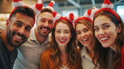 Group of Friends Wearing Christmas Headbands Smiling