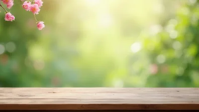 Empty Wooden Table With Pink Flowers And Blurred Background