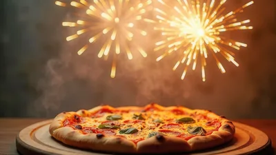 Fresh Pepperoni Pizza With Festive Fireworks Background
