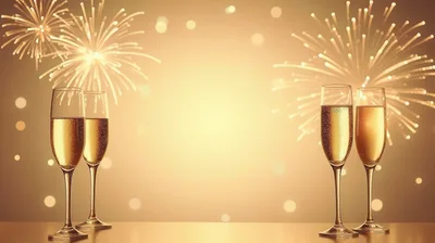 Four Champagne Flutes With Fireworks Background