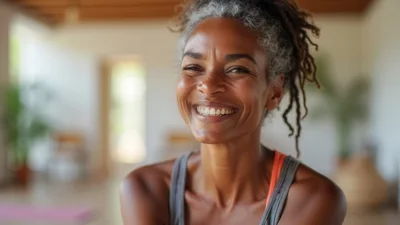 Smiling Mature Woman With Gray Locs In Yoga Studio