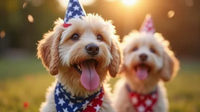 Two Happy Puppies Wearing Patriotic Party Hats