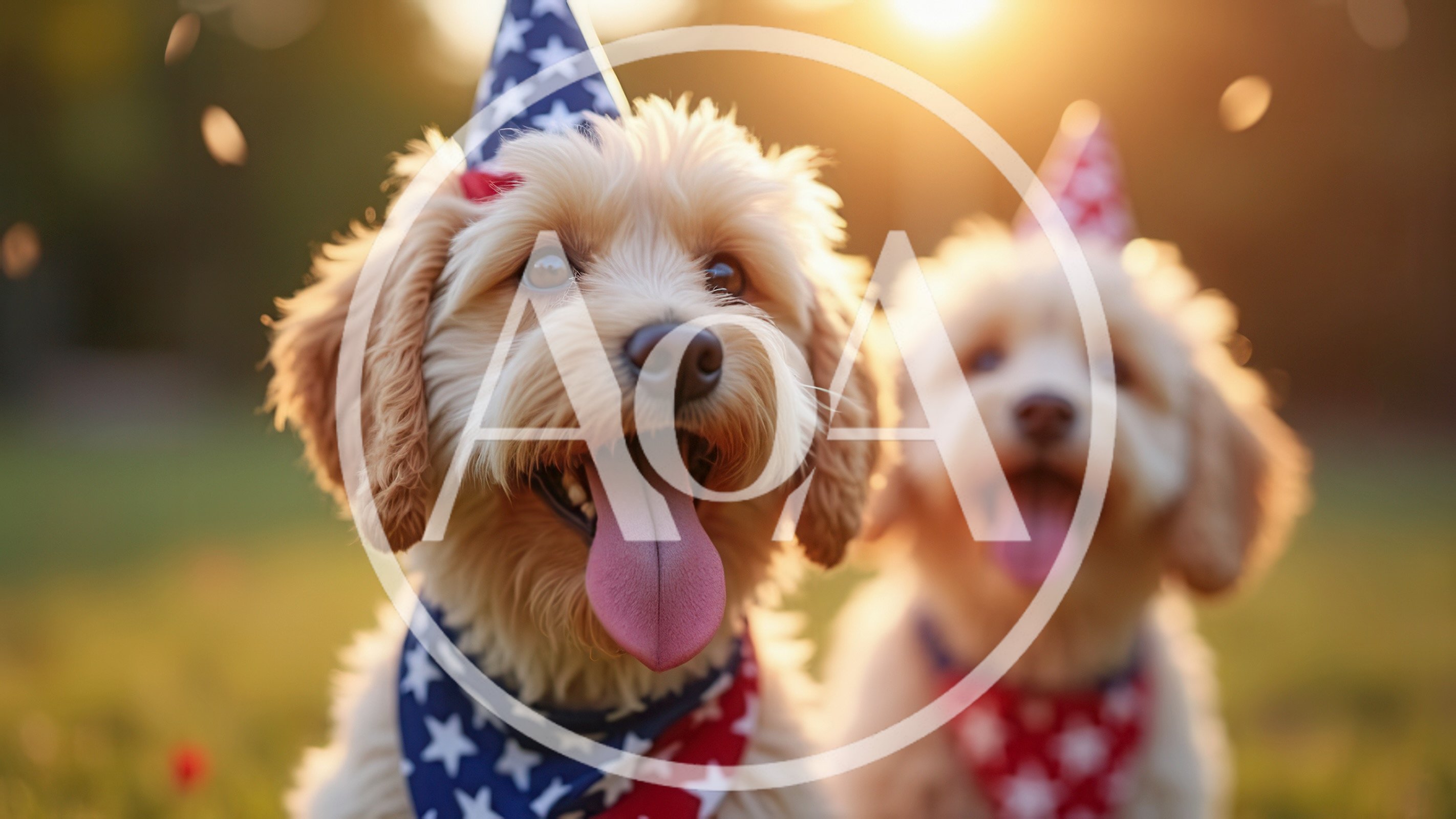 Two Happy Puppies Wearing Patriotic Party Hats