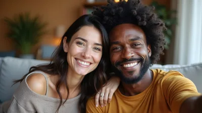 Happy Interracial Couple Taking A Selfie At Home