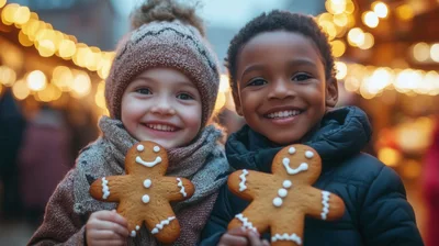 Two Happy Children Holding Gingerbread Men at Christmas Market