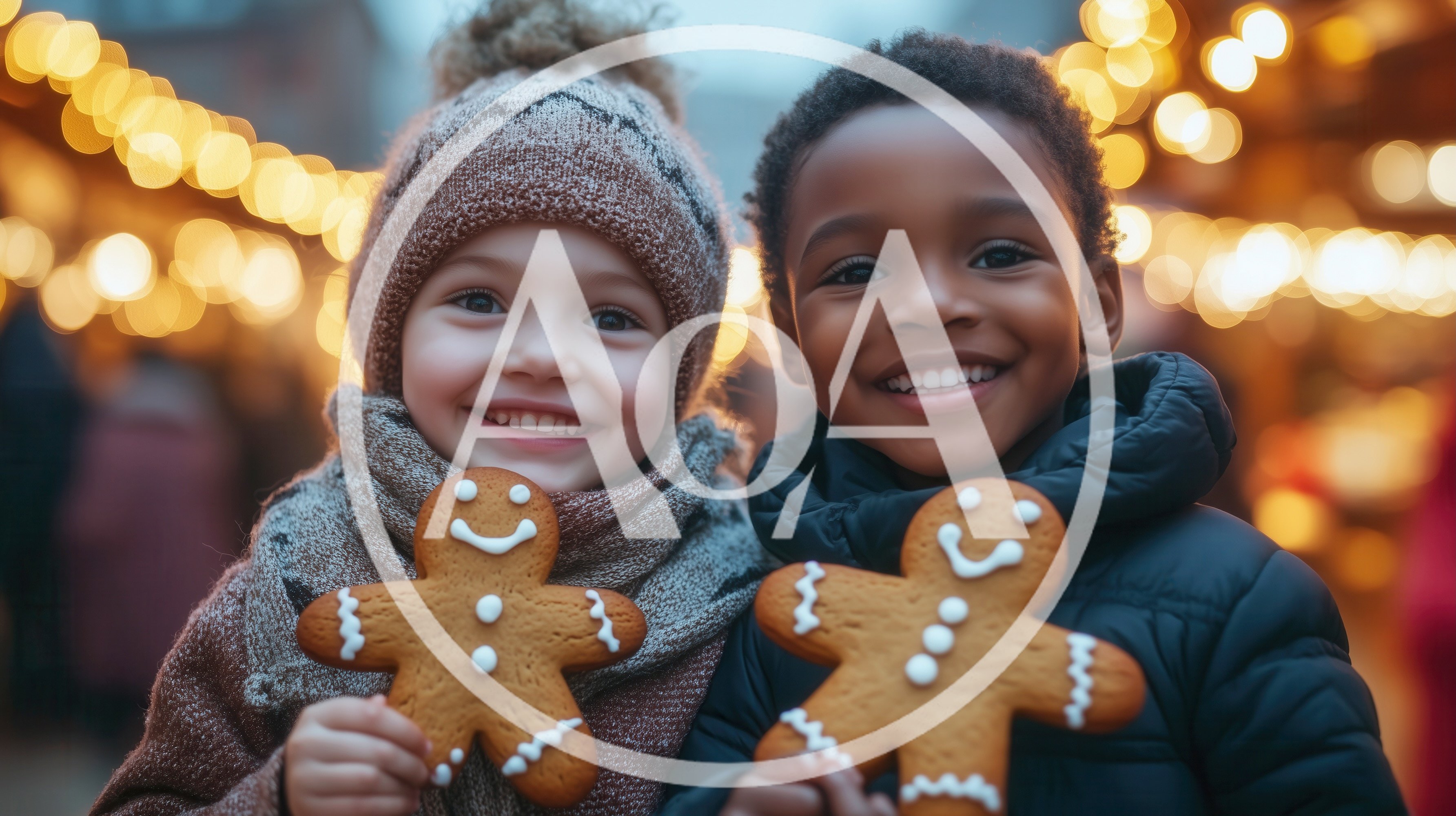 Two Happy Children Holding Gingerbread Men at Christmas Market