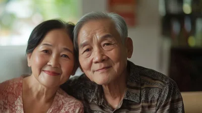 Portrait of an Elderly Asian Couple Smiling Together
