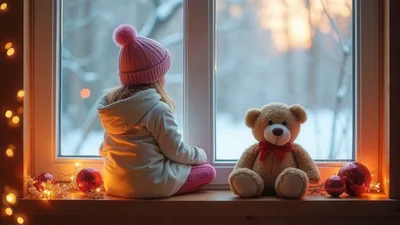 Little Girl Sitting With Teddy Bear By Snowy Window