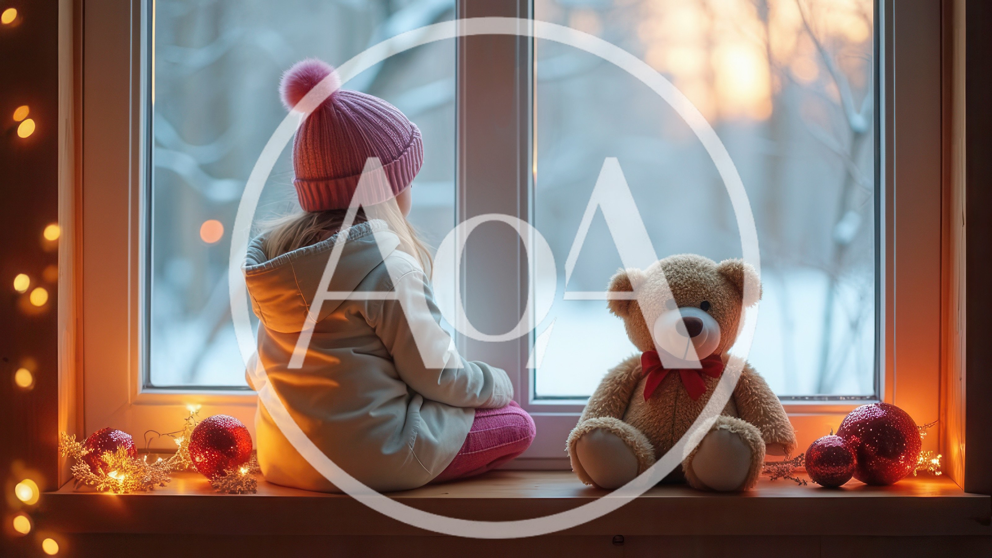 Little Girl Sitting With Teddy Bear By Snowy Window