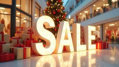 Illuminated Sale Sign With Christmas Gifts In Shopping Mall