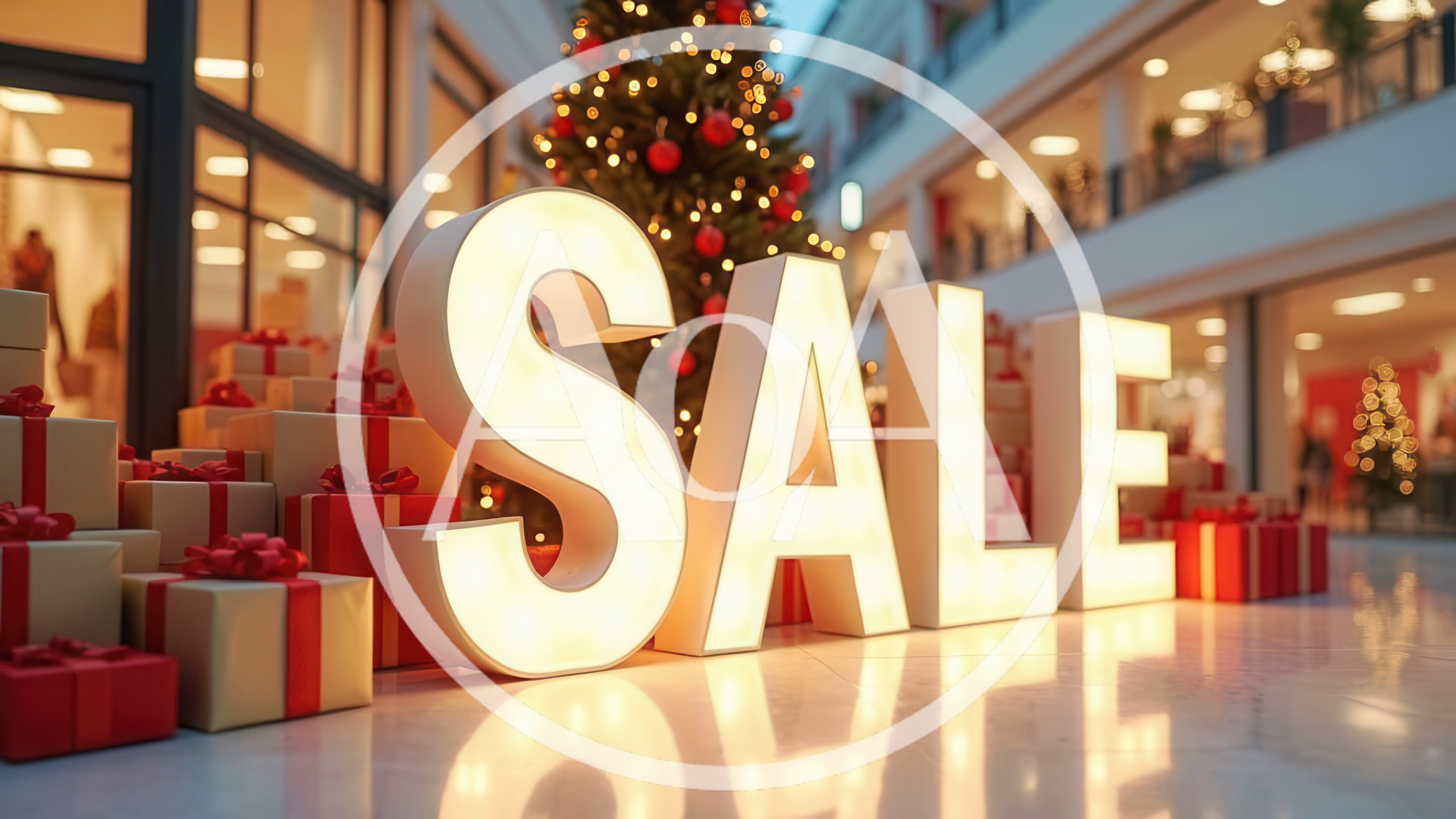 Illuminated Sale Sign With Christmas Gifts In Shopping Mall
