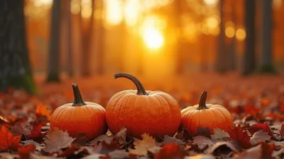 Three Pumpkins Resting On Autumn Leaves In Forest