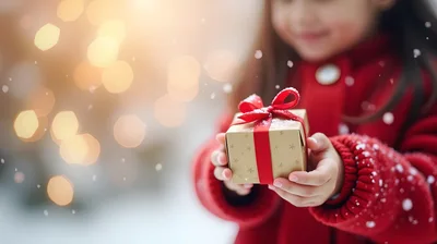 Young Girl Holding A Christmas Gift In The Snow