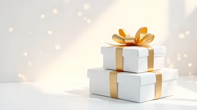 Stacked White Gift Boxes With Gold Ribbons