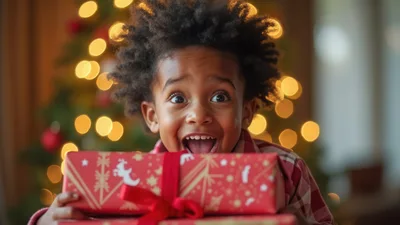 Excited Young Boy Holding Christmas Gift