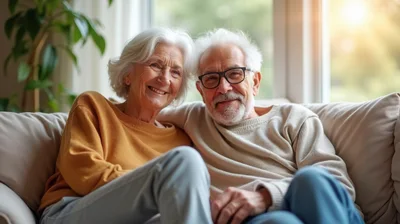 Happy Senior Couple Sitting Together On A Sofa